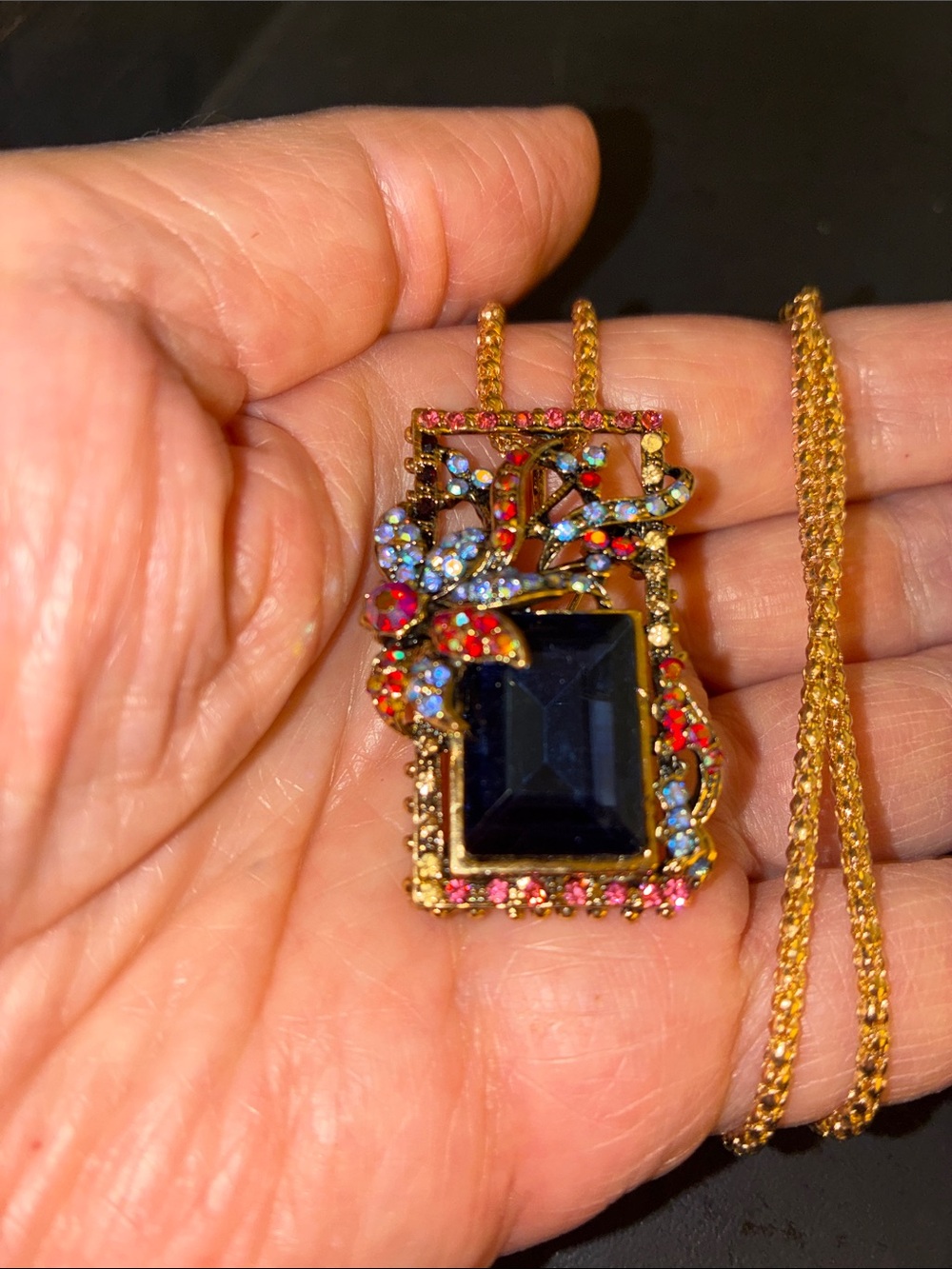 Floral Multicolor Pendant/Brooch Necklace with Deep Blue Center